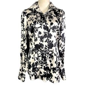 Bebe Womens Black White Floral Long Sleeve Button Down Satin Blouse Size Medium